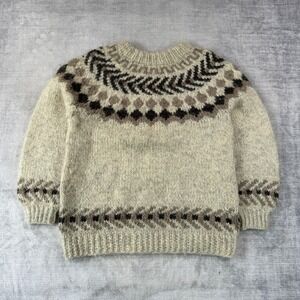 Vintage 80s Handmade Sweater Mens Medium Cream Wool Fair Isle Nordic Knit Ski
